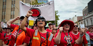 Protesters in the Melbourne CBD during the school strike.