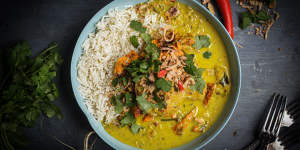 Lemongrass chicken and sweet potato curry recipe. Cheap cut curries for Good Food July 2019. Please credit Katrina Meynink. Good Food use only.