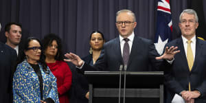 Prime Minister Anthony Albanese,Attorney-General Mark Dreyfus and Minister for Indigenous Australians Linda Burney during a press conference at Parliament House in Canberra on June 19,2023.