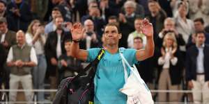 PARIS,FRANCE - MAY 27:Rafael Nadal of Spain waves to the crowd as he walks off after his defeat by Alexander Zverev of Germany in the Men’s Singles first round match on Day Two of the 2024 French Open at Roland Garros on May 27,2024 in Paris,France. (Photo by Clive Brunskill/Getty Images)