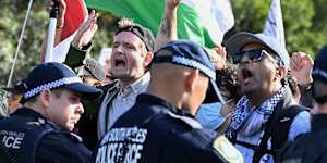 NSW police in front of pro-Palestine protesters in November.