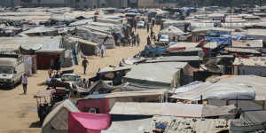 Makeshift tents for displaced Palestinians at a camp in Rafah,southern Gaza.