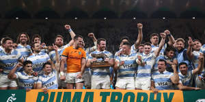 The Pumas celebrate their win over the Wallabies in Sydney. 