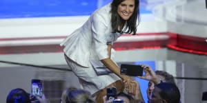 Republican presidential candidate Nikki Haley greets people after the debate.