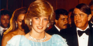 Princess Diana at a function at the Wentworth Hotel in Sydney on 28 March,1983. Also pictured is NSW Premier Neville Wran (right).