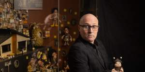 Adam Elliot in front of one of the sets from Memoir of a Snail,on display at ACMI.