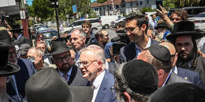 Albanese,in a yarmulke,is all but swallowed in an election-like scrum