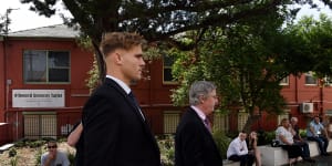 Jack de Belin arrives at the NSW District Court in Wollongong with his barrister David Campbell SC on Thursday morning.