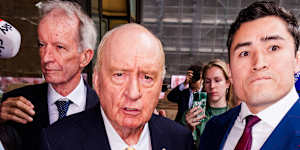 Former broadcaster Alan Jones and his lawyer Bryan Wrench at a court appearance.