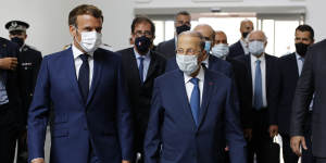 French President Emmanuel Macron and Lebanese President Michel Aoun in Beirut after the explosion.