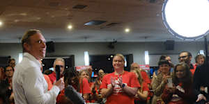 Queensland Labor Opposition Leader Steven Miles speaking to supporters at the Edinburgh Castle Hotel on the night of the Stafford byelection