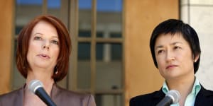 Acting Prime Minister Julia Gillard and Minister for Climate Change Penny Wong hold a press conference after the Emissions Trading Scheme bill gets defeated in the Senate chamber at Parliament House in Canberra on Wednesday,of December 2,2009.