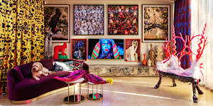 Lurid fluorocolours are highlighted in a resin chandelier and a three-seater lounge daubed The Throne,that was originally created for a Hermes exhibition.