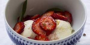 Lemon verbena ice cream with strawberries and Szechuan pepper.