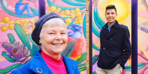 Photo of local resident,Laura Brinson with Yarra Energy Foundation,Tim Shue posing next to a battery that has been painted by artist Hayden Dewar in Fitzroy North on Thursday 23 June 2022. Photo Luis Enrique Ascui