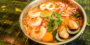 Mama tom yum seafood soup is a generous dish that’s good for groups.