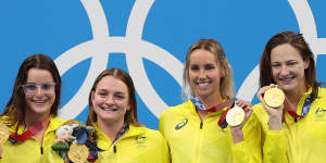 Kaylee McKeown,Chelsea Hodges,Emma McKeon and Cate Campbell with their medley relay gold medals.