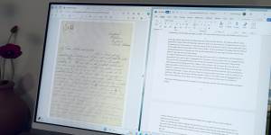 Rodgers’ computer terminal,showing an original document and her transcription.
