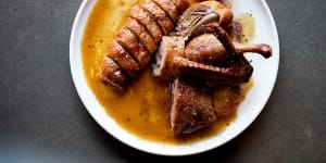 Terry Durack review at Ates,Blackheath. Wood-roasted half duck. burnt butter,mandarin. 19th August 2022. Photo:Edwina Pickles/ SMH Good Food.