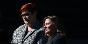 Marise Payne and Jenny Morrison arrive at the state funeral for Carla Zampatti at St Mary’s Cathedral. 