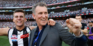 The Magpies used four late picks to match a bid on father-son Nick Daicos at pick 2 in the 2021 national draft. He celebrated with his famous dad Peter after winning the 2023 premiership