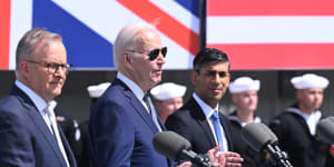 Prime Minister Anthony Albanese,US President Joe Biden and British Prime Minister Rishi Sunak unveil details of the AUKUS agreement in San Diego.