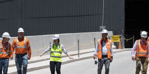 NSW Premier Gladys Berejiklian and Transport Minister Andrew Constance inspect construction work on the Metro City and Southwest project.