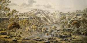 The crater of the dormant volcano Budj Bim (until recently Mount Eccles),in south-west Victoria,as depicted by Austrian-born painter Eugene von Guerard in 1865. 
