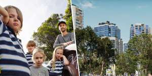 Chris Collier (right) with his children,Lilith and Louis,and Gideon and Rupert Binstead in West Melbourne on Thursday alongside an artist’s impression of what the Arden Precinct in North Melbourne will look like.
