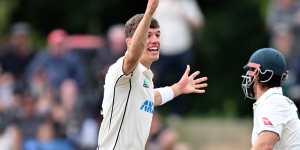 Ben Sears successfully appeals for lbw against Mitch Marsh. 