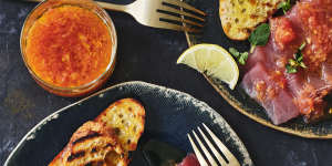 Julia Busuttil Nishimura’s tuna crudo with tomato vinaigrette and bruschetta. 