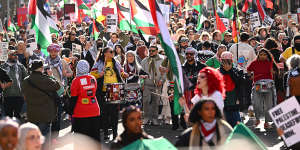 Demonstrators walk through Melbourne’s CBD during a pro-Palestine rally in Melbourne last month.