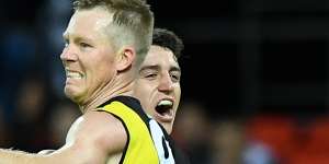 Jack Riewoldt celebrates a goal for the Tigers in their win over Geelong on Friday night.
