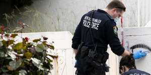 Forensic police examine damage to a property in Maroubra. 