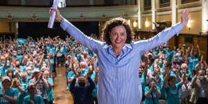 Teal independent Monique Ryan,here at her campaign launch,wrested the seat of Kooyong from then-treasurer Josh Frydenberg. 