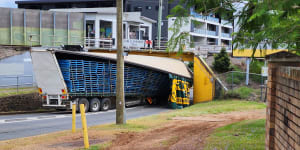 Truck crunches under bridge,second crash in that spot in a week