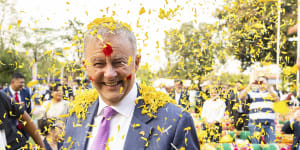 Prime Minister Anthony Albanese during a Holi celebration in Ahmedabad,India.