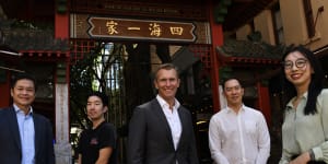 Haymarket Chamber of Commerce president Vincent Lim,Soul of Chinatown’s Kevin Cheng,Cities Minister Rob Stokes and Brad Chan and Isabelle Lee from Haymarket HQ.