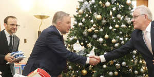Greens leader Adam Bandt,Opposition Leader Anthony Albanese and Prime Minister Scott Morrison during the launch of the wishing tree in the Prime Minister’s office.