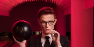 Bowled over:comedian Rhys Nicholson at Kingpin Bowling in Melbourne.