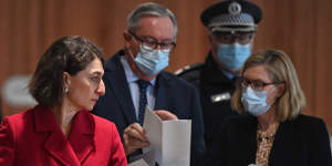 Former premier Gladys Berejiklian,Dr Kerry Chant and Health Minister Brad Hazzard in July during the lockdown.