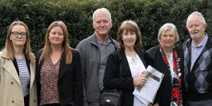 Ian Fackender’s family outside the Coroner’s Court at Lidcombe on Tuesday. From left:Rachel Mangan (niece),Bronwyn Mangan (sister),Jeremy Slatcher (stepfather),Sue Slatcher (mother),Mavis Robinson (father’s partner) and Peter Fackender (father).