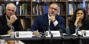 Towson University president Mark Ginsberg,US Education Secretary Miguel Cardona and policy adviser Neera Tanden meet with students to discuss antisemitism on college campuses in Towson,Maryland,on Thursday.