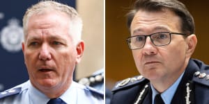 PwC partner Mick Fuller in his days as NSW police commissioner (left) and his friend Australian Federal Police Commissioner Reece Kershaw (right).