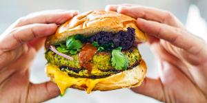 Green lentil,feta,chickpea and spice bomb burger with turmeric and harissa yoghurt.only.