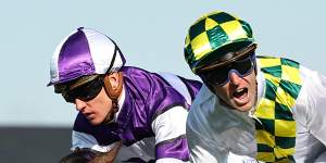 Tommy Berry gives a roar as Sunshine In Paris takes out the Sheraco Stakes on her way to The Everest. 