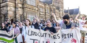 Sydney University students from the pro-Palestinian encampment march on campus.