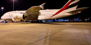 An Emirates A380 back on Brisbane soil on Tuesday night.