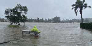 Flooding at Narrabeen lagoon on Sunday. 