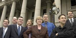 A 2003 photo of Labor MPs on the steps of Parliament.[L-R] Rob Hudson,Richard Wynne,Daniel Andrews,Jacinta Allan,Maxine Morand,John Lenders,Alistair Harkness and Bruce Mildenhall. 